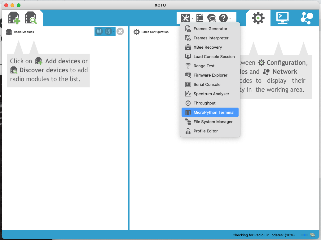 Screenshot of XCTU software and menu options